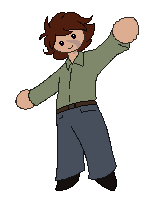 A pixel chibi of a person with dark auburn hair, pale skin (with a scar over its face,) a green shirt, and dark blueish pants waving